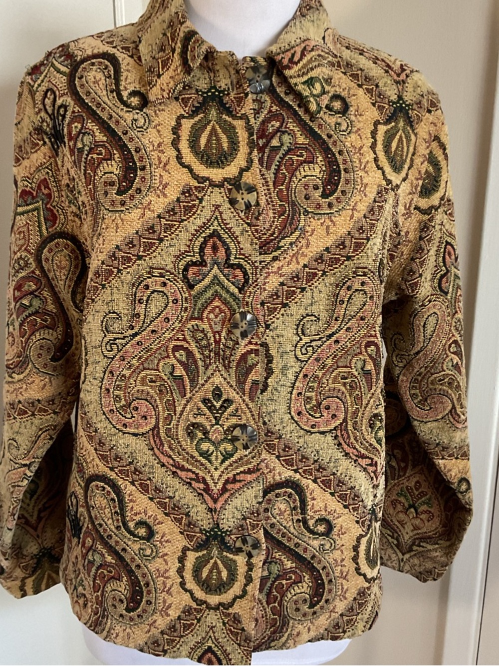 Eunise Beige Paisley Jacket Small Earth Tone Boho Structured Rayon Blend India - Picture 2 of 6